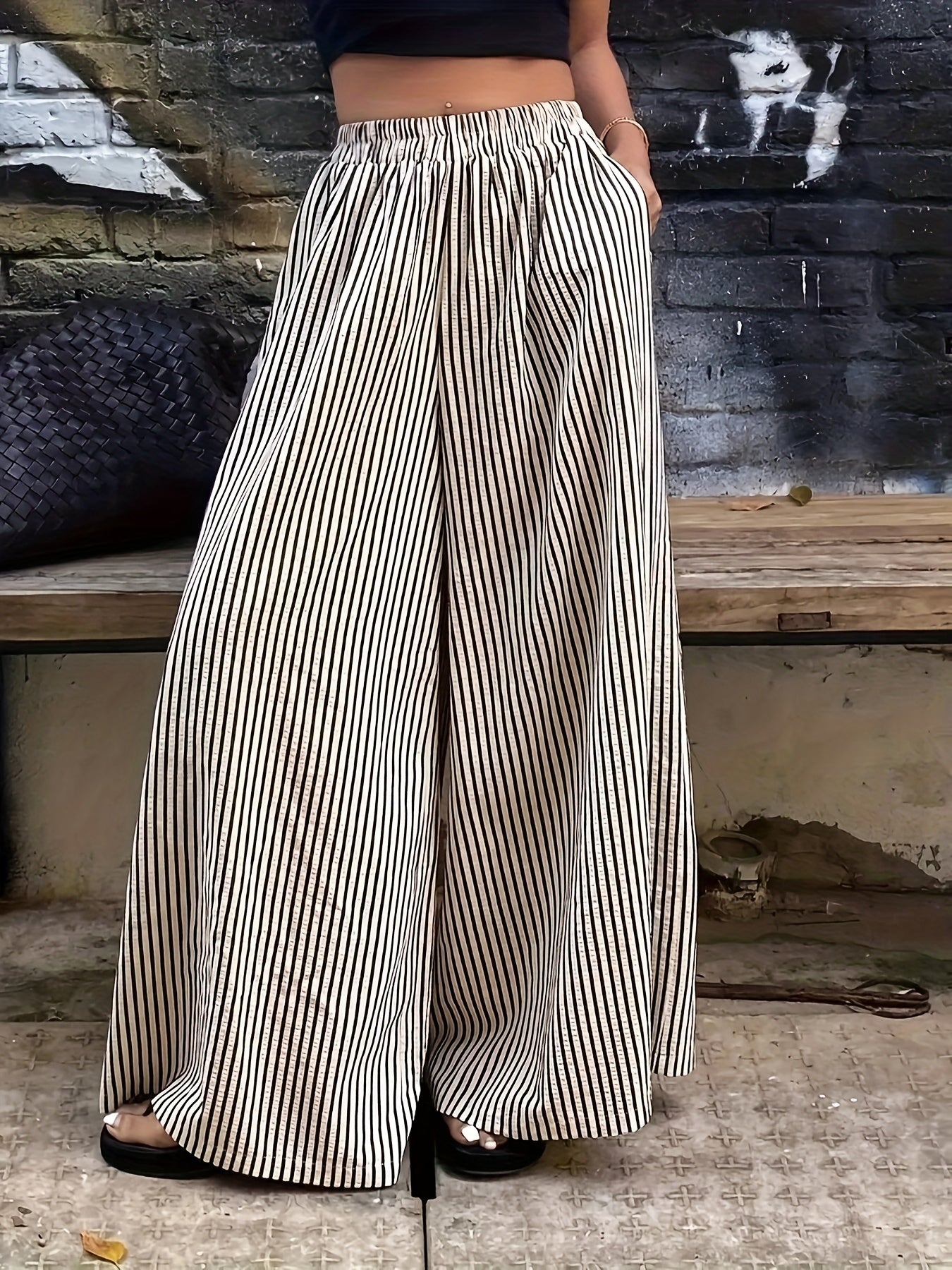 Pantalones Anchos de Rayas Melocotón para Mujeres con Cintura Alta y Cinturilla Elástica, Estilo Fluido y Relajado