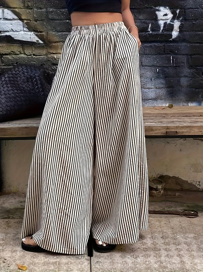 Pantalones Anchos de Rayas Melocotón para Mujeres con Cintura Alta y Cinturilla Elástica, Estilo Fluido y Relajado