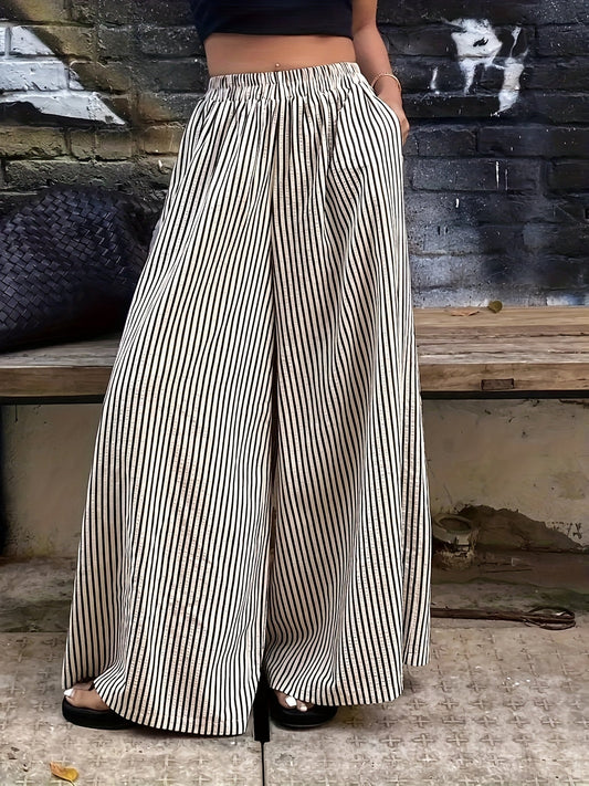 Pantalones Anchos de Rayas Melocotón para Mujeres con Cintura Alta y Cinturilla Elástica, Estilo Fluido y Relajado