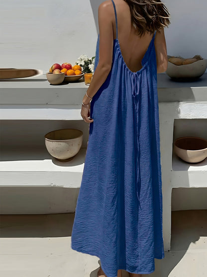 Vestido Maxi Texturizado Sin Espalda para Mujeres con Tirantes de Espagueti y Cuerda, Estilo Bohemio Fluyente