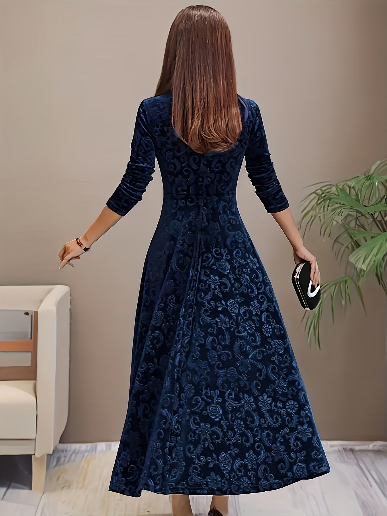 Vestido Maxi Floral de Terciopelo Elegante para Mujeres con Cuello Cuadrado y Manga de Codo Estilo A Fluyente