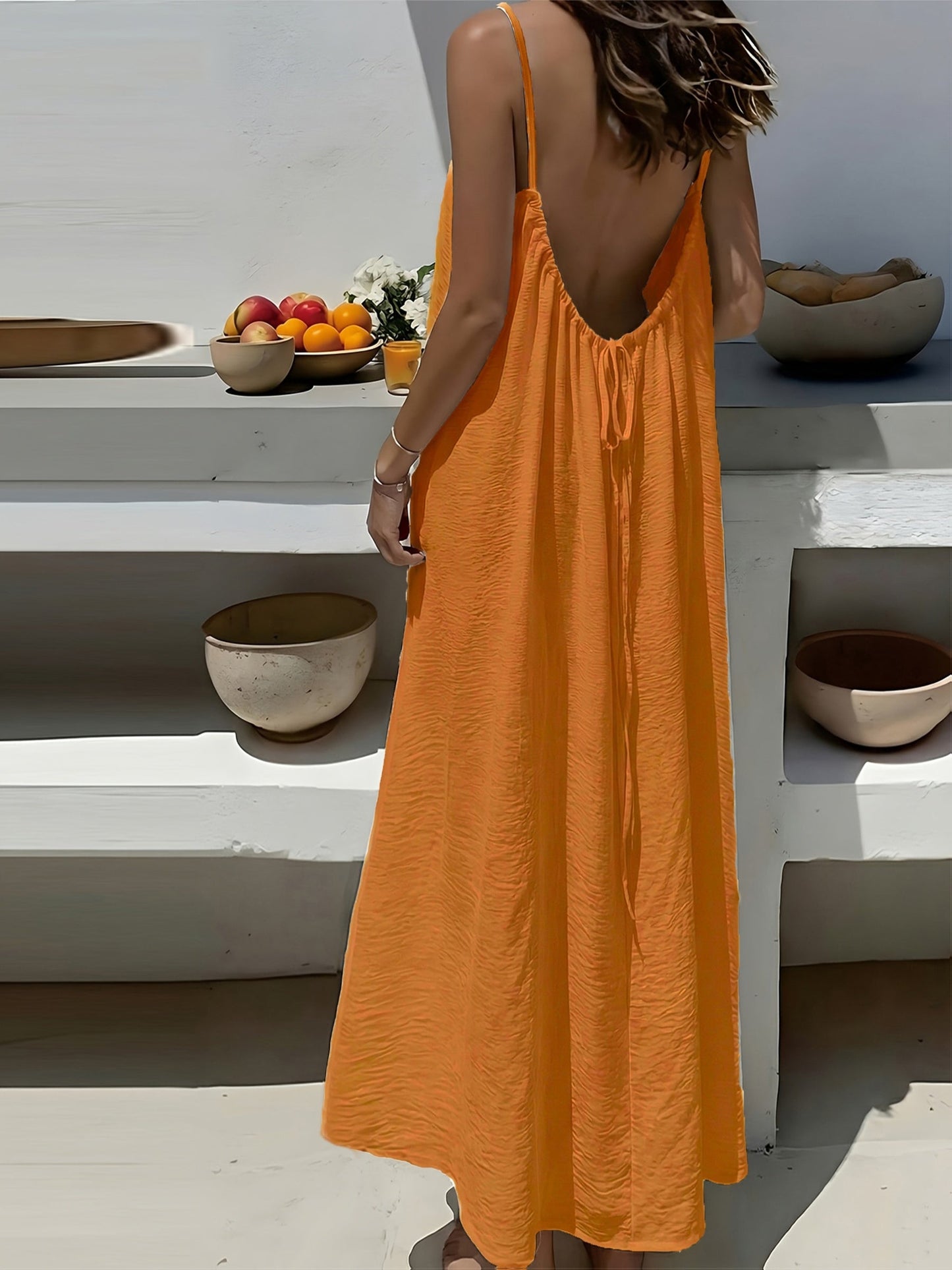 Vestido Maxi Texturizado Sin Espalda para Mujeres con Tirantes de Espagueti y Cuerda, Estilo Bohemio Fluyente