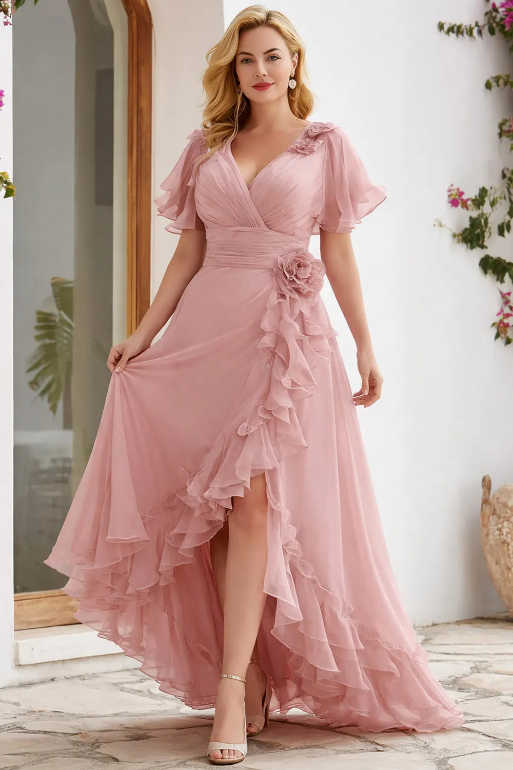 Vestido Maxi de Chifón Rosa Empolvado Elegante para Mujeres con Escote en V, Mangas de Volantes y Cascada para Invitadas de Boda