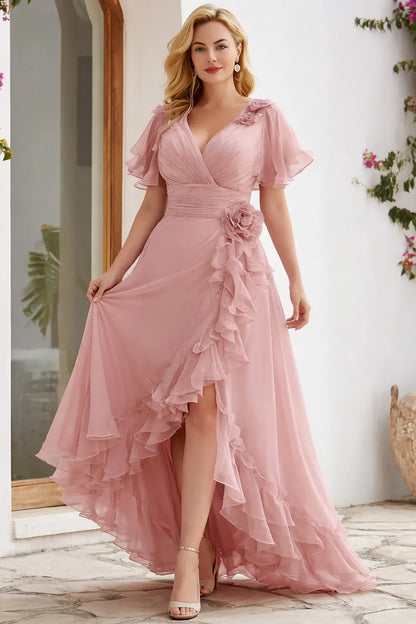 Vestido Maxi de Chifón Rosa Empolvado Elegante para Mujeres con Escote en V, Mangas de Volantes y Cascada para Invitadas de Boda