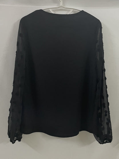 Blusa de Puntos Suizos sin Esfuerzo para Mujeres con Cuello en V y Manga Obispo de Chifón Texturizado Estilo Casual