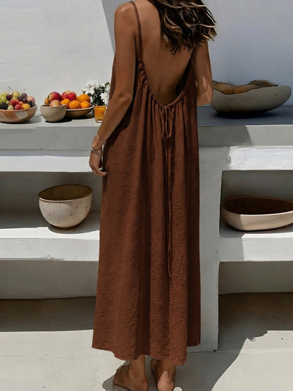Vestido Maxi Texturizado Sin Espalda para Mujeres con Tirantes de Espagueti y Cuerda, Estilo Bohemio Fluyente