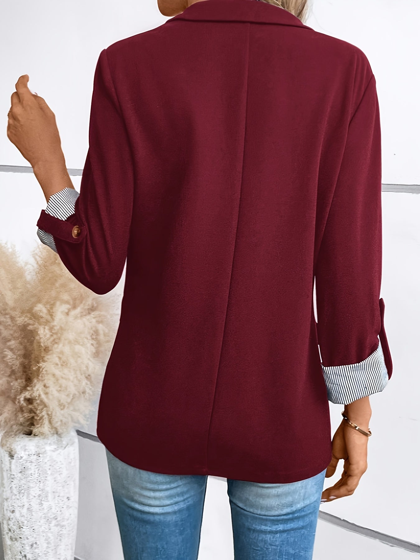 Blazer Sin Esfuerzo para Mujeres con Cuello de Solapa, Manga Larga, Puño Rayado, Estilo Casual