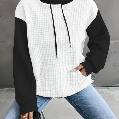 Sudadera de punto waffle color bloque cómoda para mujeres con capucha ajustable, manga larga y bolsillo canguro, estilo oversized