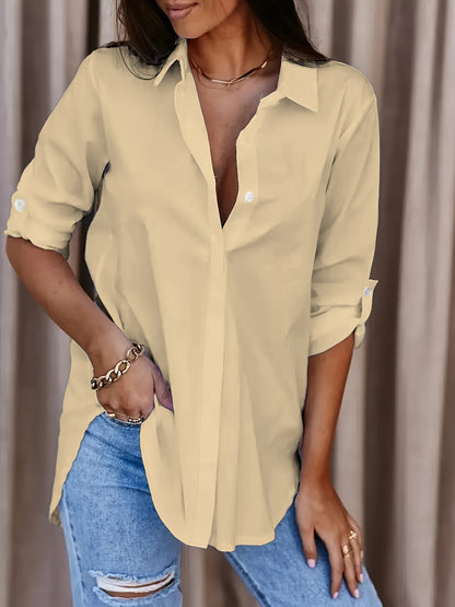 Blusa Sin Esfuerzo para Mujeres con Cuello, Manga Larga, Tablero de Rollo, Estilo Casual Oversized