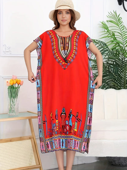 Vestido Kaftán de Impresión Tribal Sin Esfuerzo para Mujeres con Escote en V y Manga Corta Estilo Bohemio