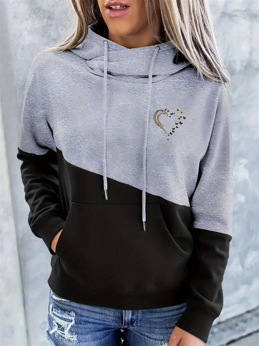 Sudadera gráfica de color bloque cómoda para mujeres con cuello de cowl, manga larga, bolsillo canguro y estilo relajado
