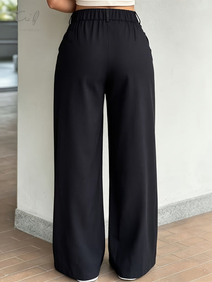 Pantalones de Pierna Ancha Sin Esfuerzo para Mujeres con Cintura Alta y Frente Plisado Estilo Casual Relajado