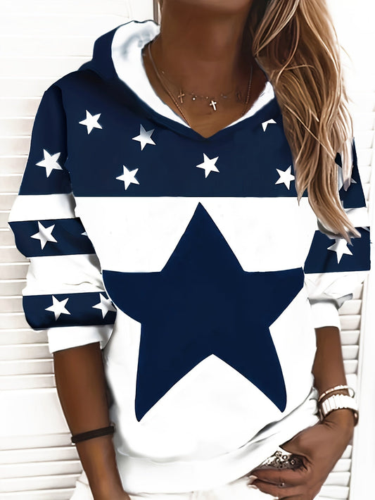 Sudadera Cómoda con Estampado de Estrellas en Color Marino para Mujeres con Capucha de Manga Larga Estilo Relajado