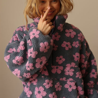 Suéter de Sherpa Floral Cómodo para Mujeres con Cuello, Cierre de Cremallera de Cuarto, Manga Larga y Estilo Oversized