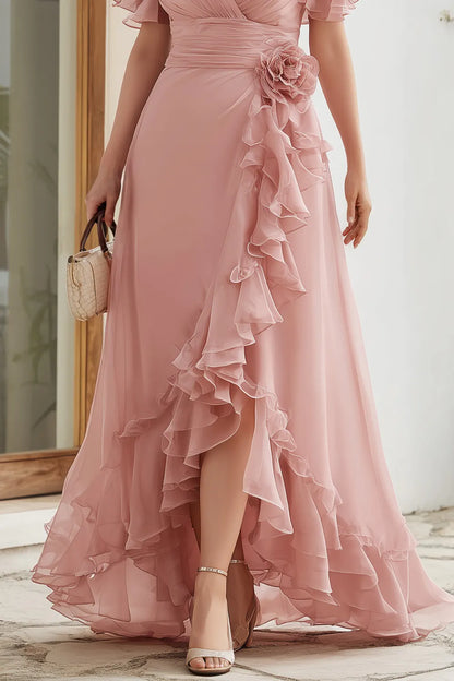 Vestido Maxi de Chifón Rosa Empolvado Elegante para Mujeres con Escote en V, Mangas de Volantes y Cascada para Invitadas de Boda