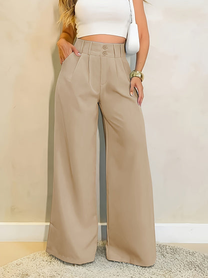 Pantalones Elegantes de Pierna Ancha para Mujeres con Cintura Alta, Frente con Botón y Estilo Relajado