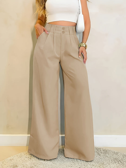 Pantalones Elegantes de Pierna Ancha para Mujeres con Cintura Alta, Frente con Botón y Estilo Relajado