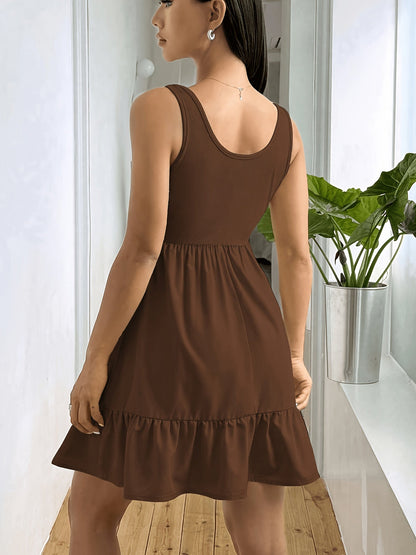Vestido Mini Encapillado Sin Esfuerzo para Mujeres con Escote Cuadrado y Dobladillo Volante Estilo Casual