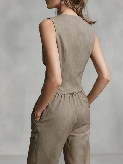 Conjunto de Dos Piezas Elegante en Color Marrón Café para Mujeres con Chaleco de Botones y Pantalón de Pierna Ancha Estilo Formal