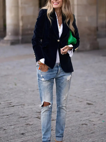 Blazer de Terciopelo Elegante para Mujeres con Solapa, Manga Larga, Botón Único y Estilo Formal