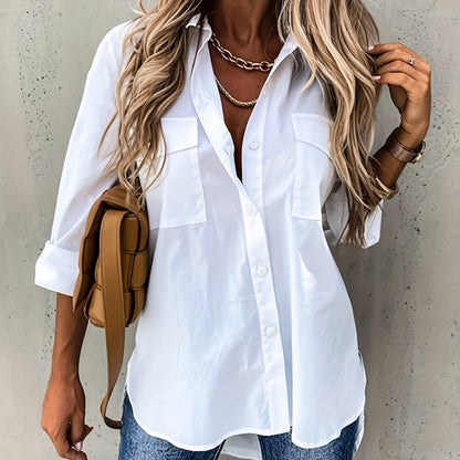 Blusa de Bolsillo Utilitaria sin Esfuerzo para Mujeres con Cuello y Manga Larga de Corte Curvado Relajado