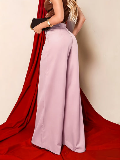 Pantalones Anchos Elegantes de Caqui para Mujeres con Cintura Alta y Pliegues Tailored Estilo Formal