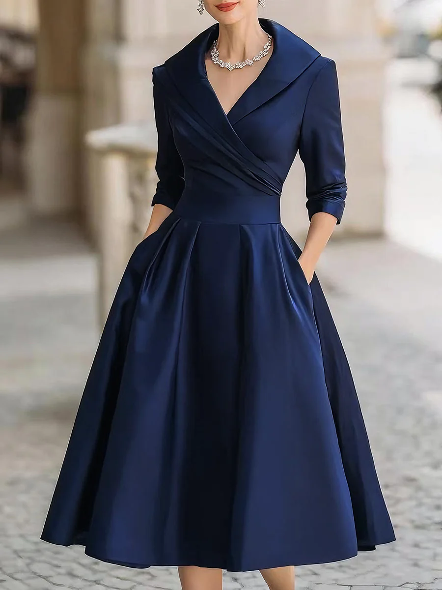 Elegante Vestido Midi de Satén para Mujeres con Cuello Chal, Manga de Codo y Falda Plisada en Estilo Coctel