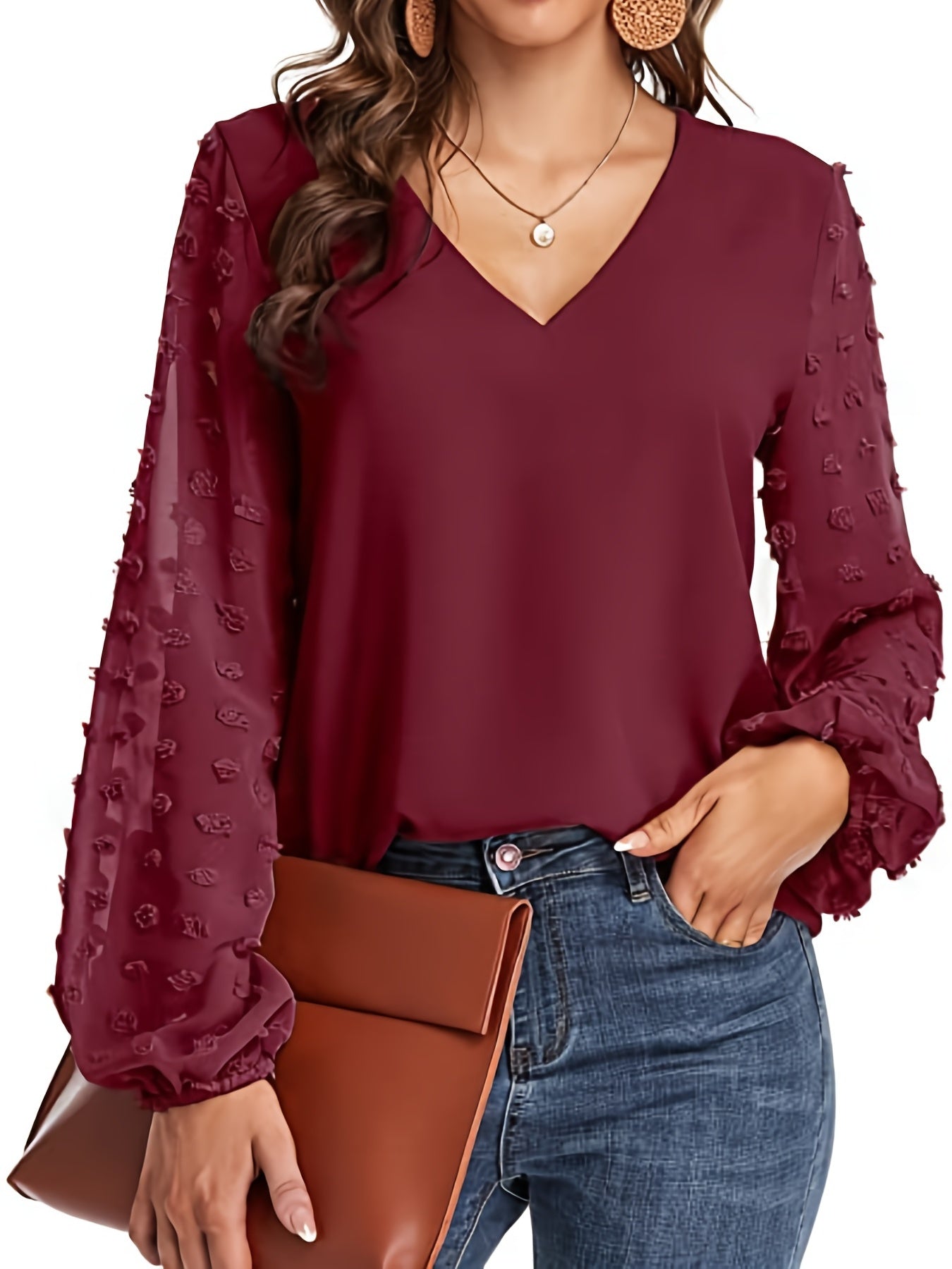 Blusa de Puntos Suizos sin Esfuerzo para Mujeres con Cuello en V y Manga Obispo de Chifón Texturizado Estilo Casual