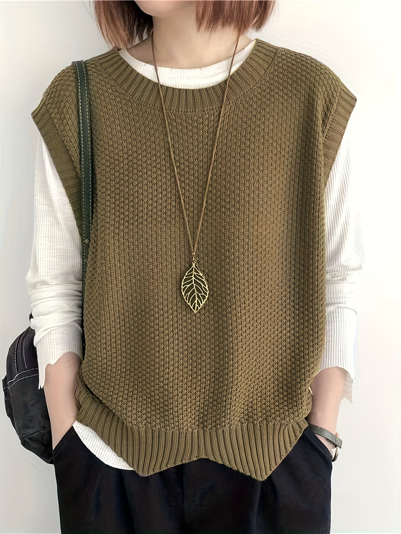 Chaleco de Suéter de Punto Grueso Cómodo para Mujeres con Cuello Redondo Sin Mangas Estilo Relajado y Oversized
