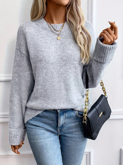 Suéter de Punto Acanalado Gris Claro Cómodo para Mujeres con Cuello Redondo y Manga Larga, Estilo Relajado y Sobredimensionado