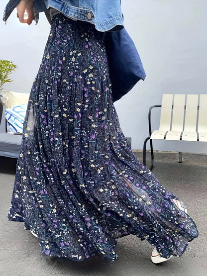 Elegante Falda Maxi Floral Azul para Mujeres con Cintura Fruncida y Volantes en Estilo Bohemio