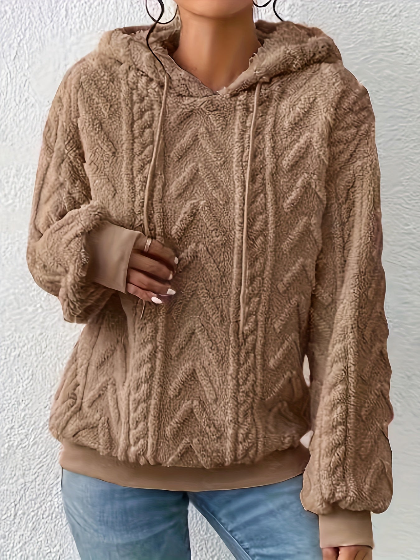 Sudadera de Forro Polar de Punto Trenzado Cómoda para Mujeres con Capucha Ajustable, Manga Larga, Estilo Oversized y Acogedor