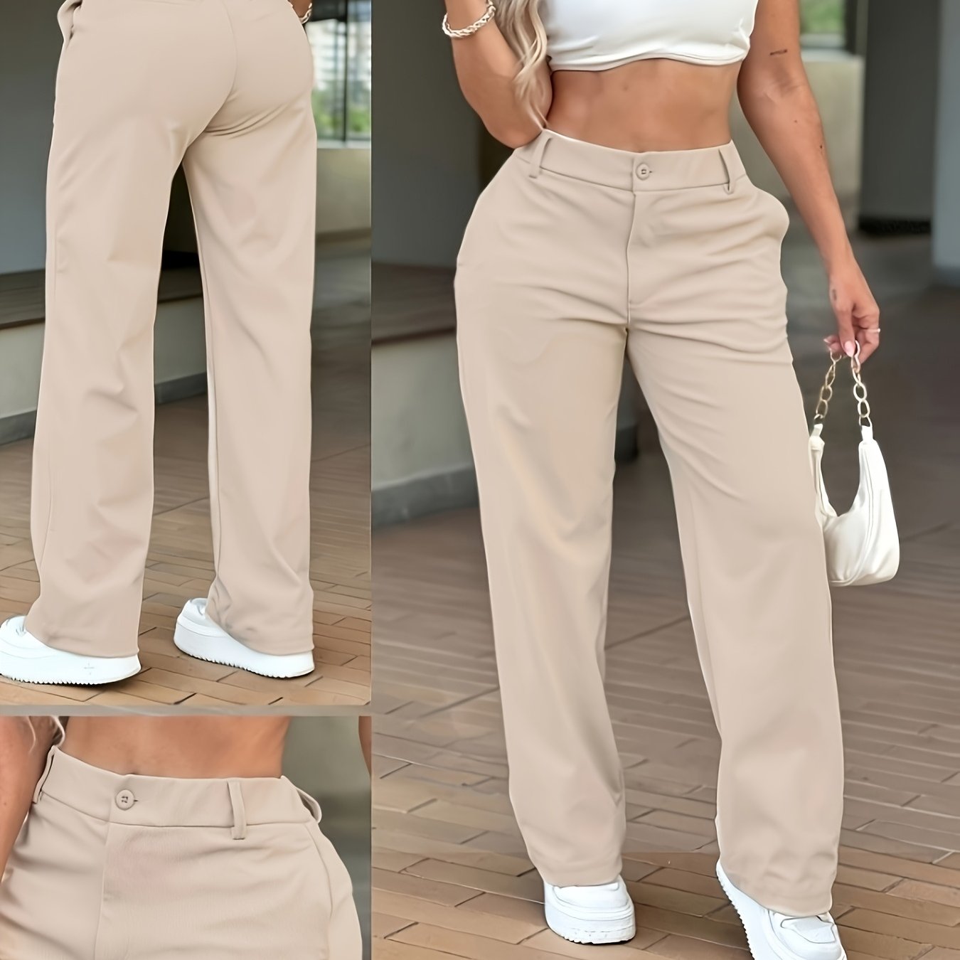 Pantalones Anchos de Caqui para Mujeres con Cintura Alta y Cierre Frontal de Botón, Estilo Relajado y Elegante