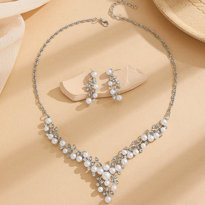 Conjunto de Collar de Perlas de Uva Elegante con Rhinestones para Mujeres con Estilo de Novia de Hoja de Vid en Forma de V