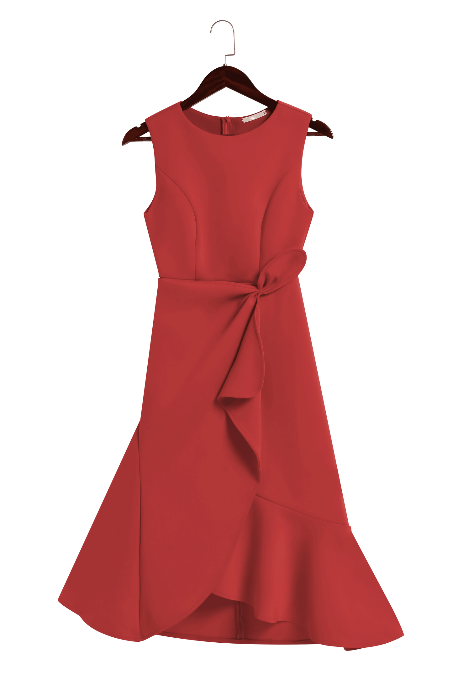 Vestido Midi Elegante con Drapé para Mujeres con Escote Barco, Sin Mangas y Bajo con Volantes Asimétricos Estilo Cóctel
