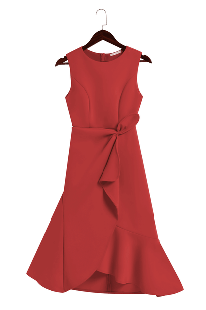 Vestido Midi Elegante con Drapé para Mujeres con Escote Barco, Sin Mangas y Bajo con Volantes Asimétricos Estilo Cóctel