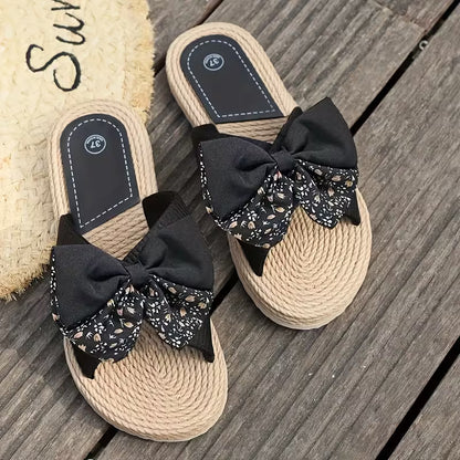 Sandalias Planas Cómodas para Mujeres con Detalle de Lazo y Tira Cruzada con Acabado de Espadrille Estilo Abierto