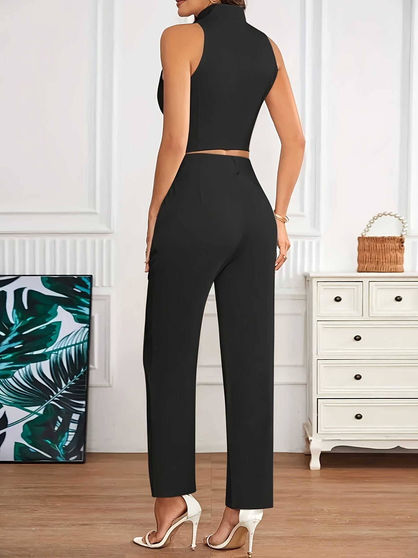 Conjunto Elegante de Dos Piezas para Mujeres con Chaleco de Cuello Alto y Botones y Pantalones Ajustados de Estilo Formal