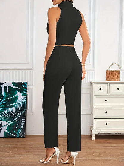 Conjunto Elegante de Dos Piezas para Mujeres con Chaleco de Cuello Alto y Botones y Pantalones Ajustados de Estilo Formal