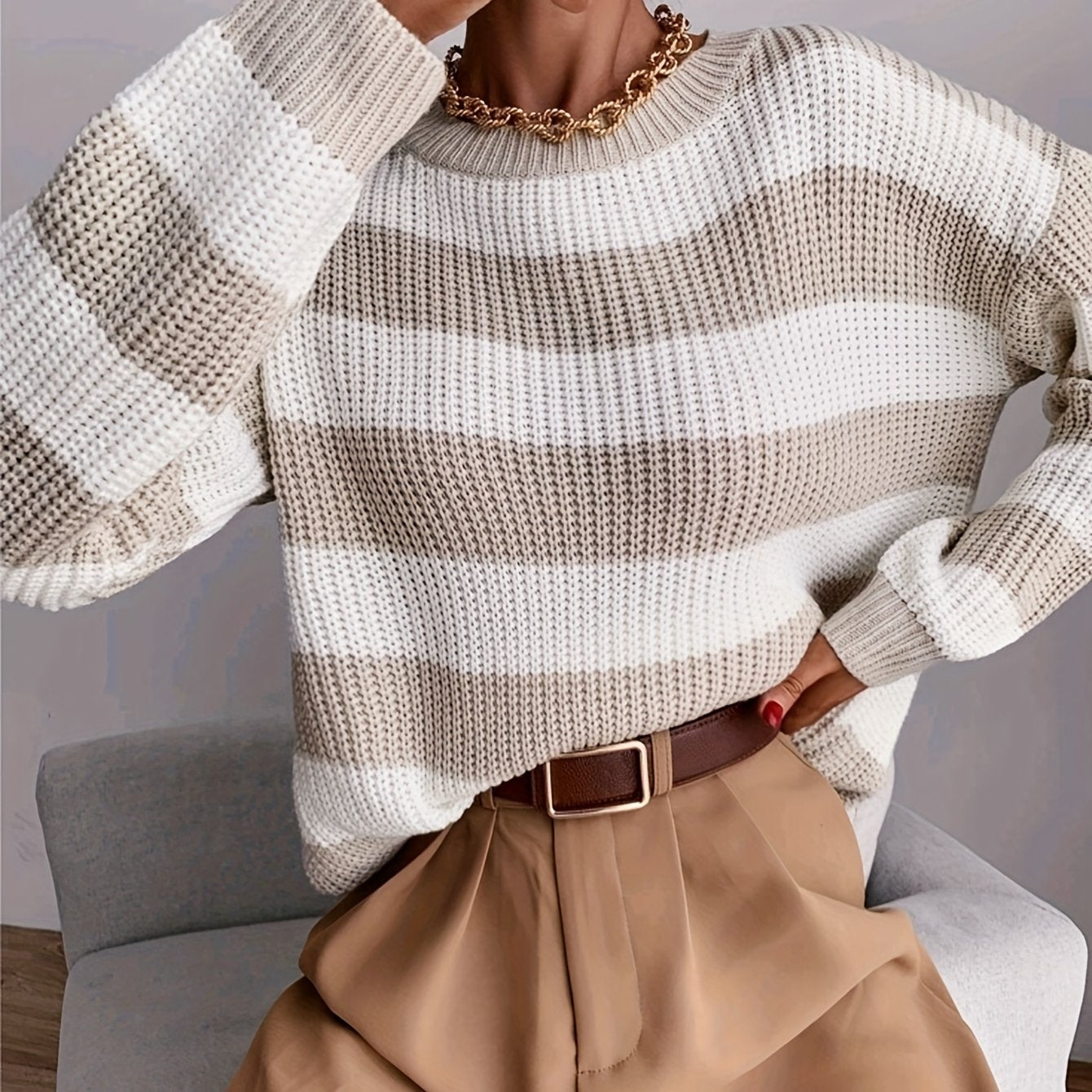 Suéter a Rayas Cómodo para Mujeres con Cuello Redondo, Manga Larga, Estilo Relajado y Oversized