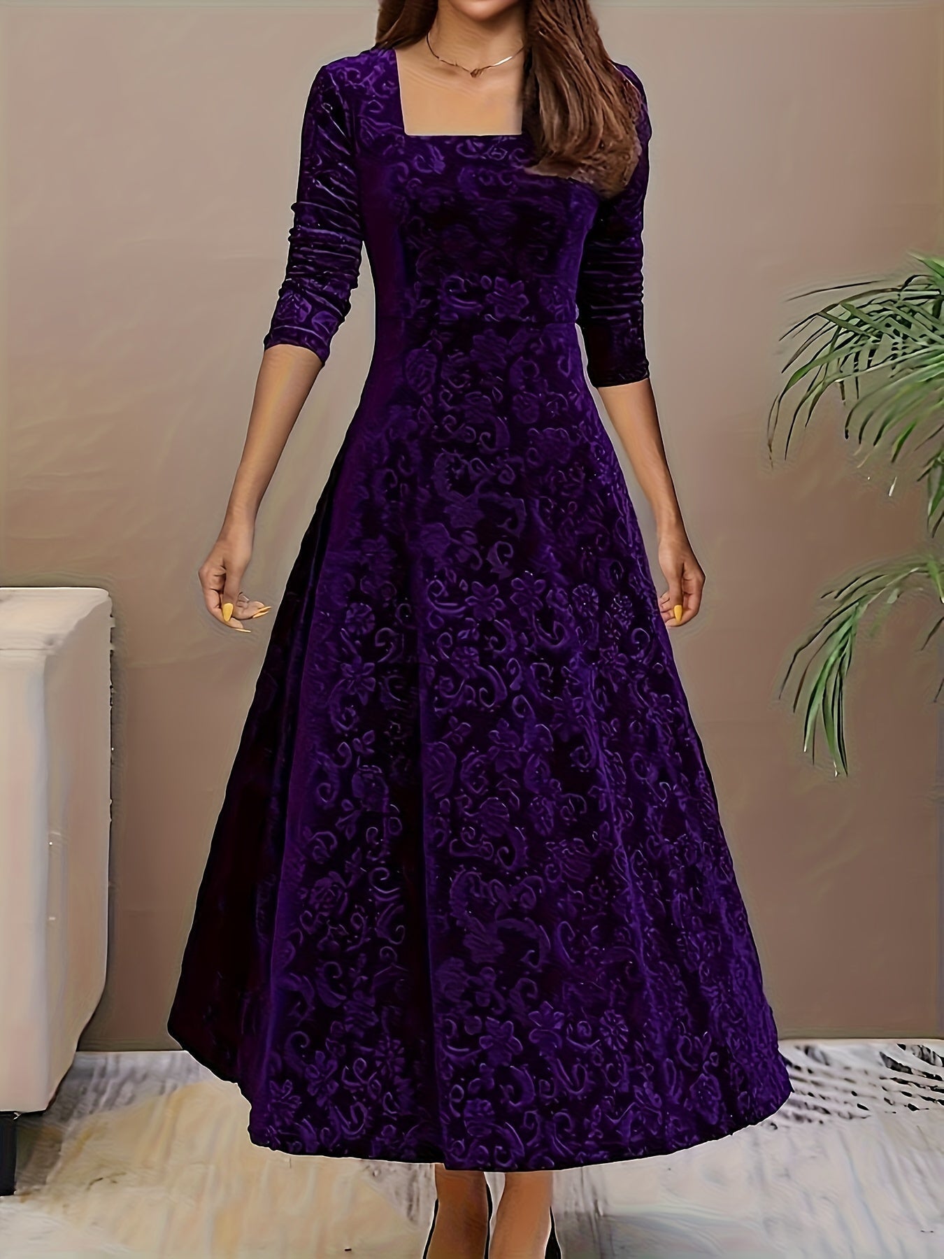 Vestido Maxi Floral de Terciopelo Elegante para Mujeres con Cuello Cuadrado y Manga de Codo Estilo A Fluyente