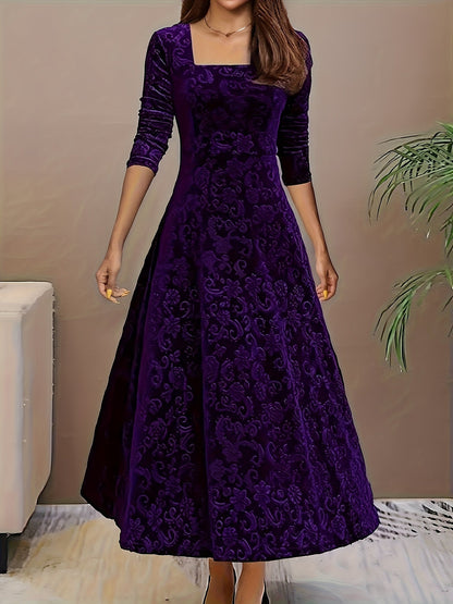 Vestido Maxi Floral de Terciopelo Elegante para Mujeres con Cuello Cuadrado y Manga de Codo Estilo A Fluyente