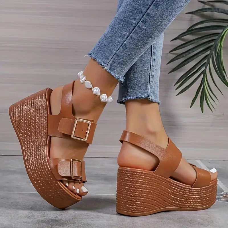 Sandalias de cuña cómodas marrones para mujeres con tiras dobles y plataforma de esparto, estilo abierto