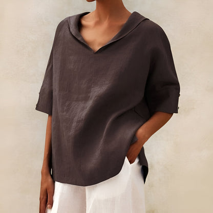 Blusa de Lino Sin Esfuerzo para Mujeres con Cuello en V, Manga Corta, Estilo Relajado y Oversized