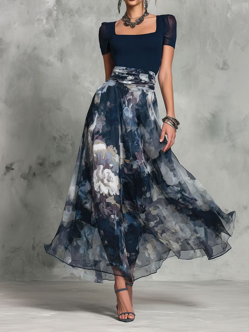 Conjunto Floral Azul Elegante de Dos Piezas para Mujeres con Cuello Cuadrado, Manga Corta y Cintura con Cinta en Estilo Fluido