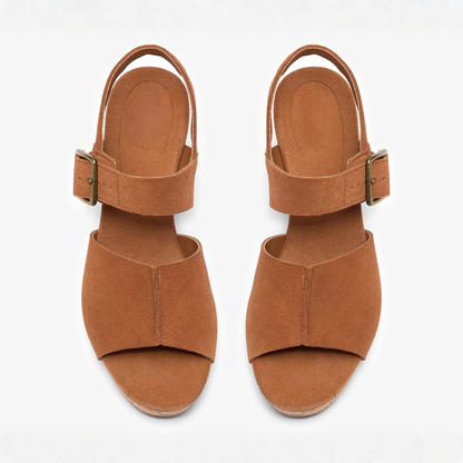 Sandalias de cuña cómodas para mujeres con tiras en el tobillo y punta abierta, estilo plataforma de corcho