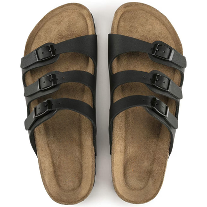 Sandalias Cómodas para Mujeres con Tiras de Triple Hebilla y Plantilla de Corcho, Estilo Plano de Deslizamiento