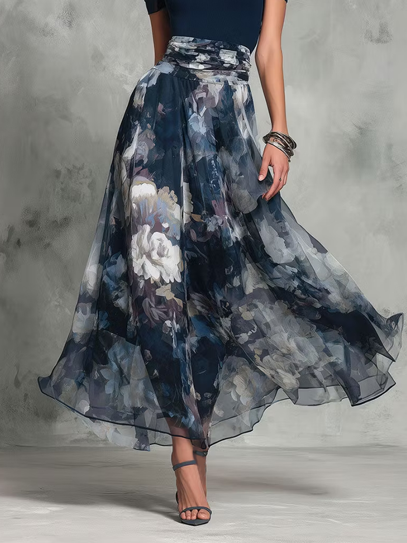 Conjunto Floral Azul Elegante de Dos Piezas para Mujeres con Cuello Cuadrado, Manga Corta y Cintura con Cinta en Estilo Fluido