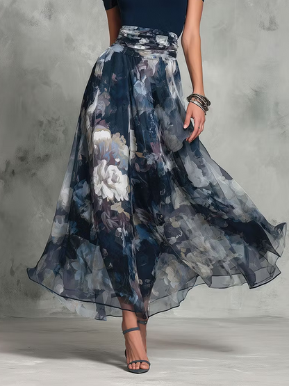Conjunto Floral Azul Elegante de Dos Piezas para Mujeres con Cuello Cuadrado, Manga Corta y Cintura con Cinta en Estilo Fluido