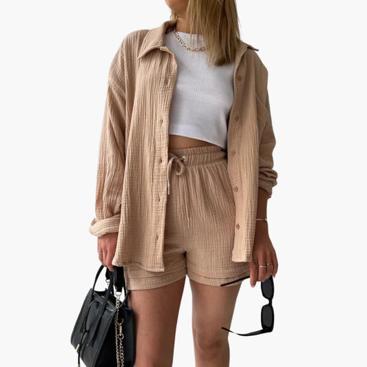 Conjunto de Dos Piezas de Algodón Arrugado Sin Esfuerzo para Mujeres con Pantalones Cortos con Cintura Ajustable y Estilo Relajado